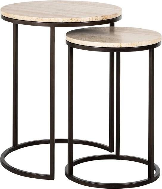 Richmond Interiors Richmond Bijzettafel Avalon Travertin Set van 2 stuks 45cm Brons Rond
