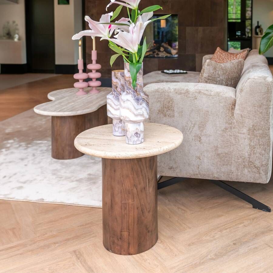 Richmond Interiors Richmond Bijzettafel Douglas Mangohout en Travertin 50cm Bruin Rond