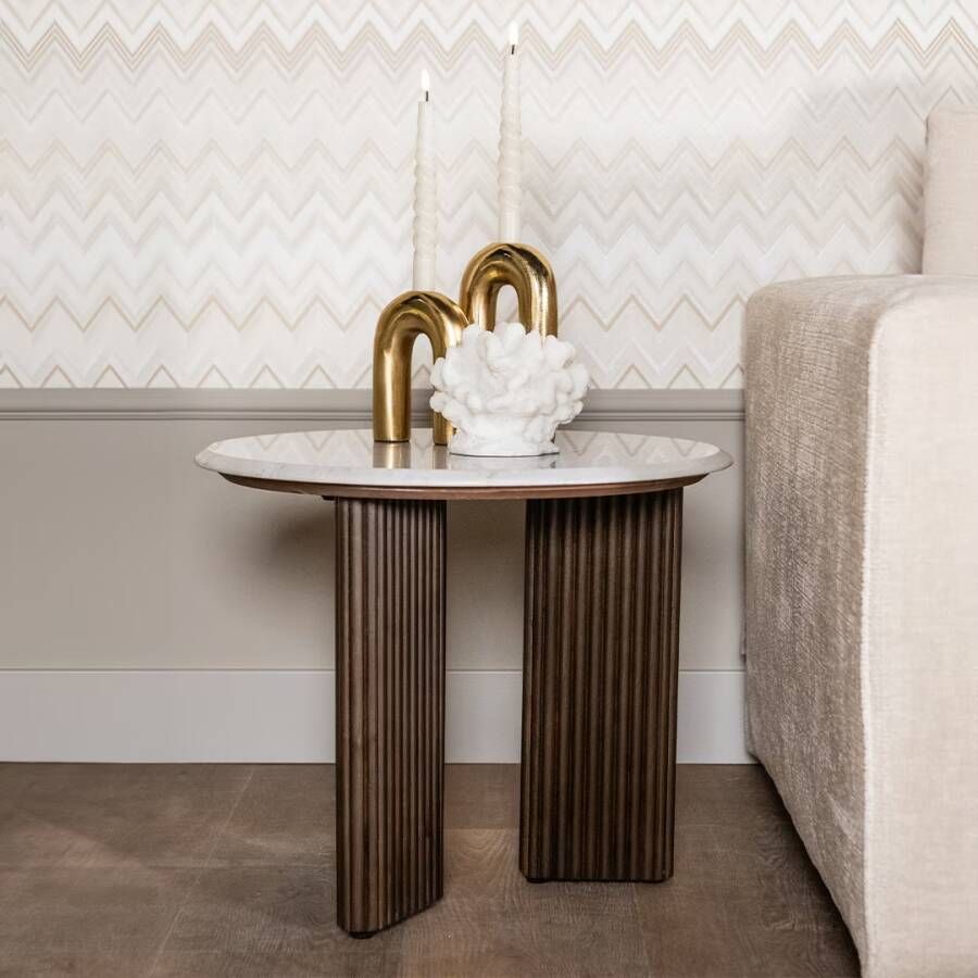 Richmond Interiors Richmond Bijzettafel Mayfield Mangohout en marmer 55cm Wit Rond