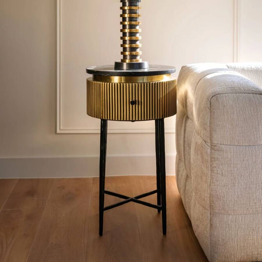Richmond Interiors Richmond Bijzettafel Nachtkastje Ironville Marmer en Brass 40cm Goud Rond