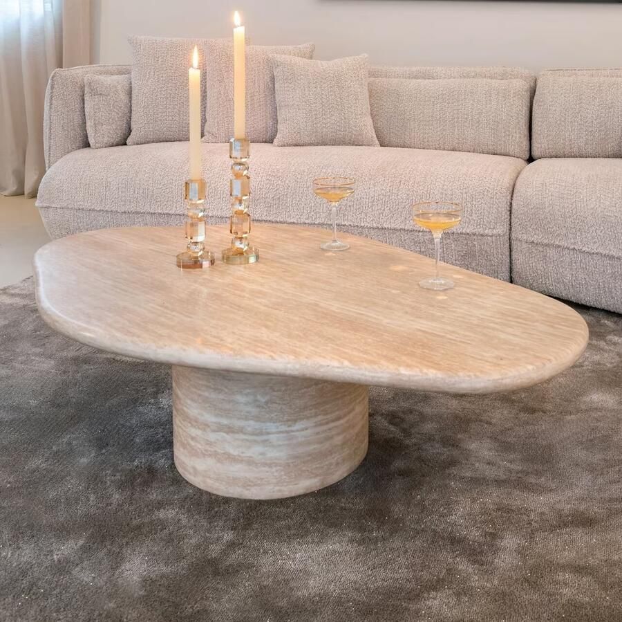 Richmond Interiors Richmond Organische Salontafel Fictus Travertin look 130 x 80cm Beige Japandi