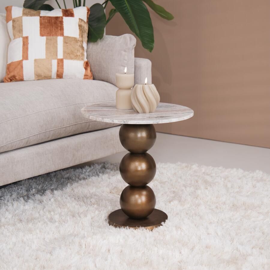 Richmond Interiors Richmond Ronde Bijzettafel Barley Marmer en brushed gold 46cm Beige