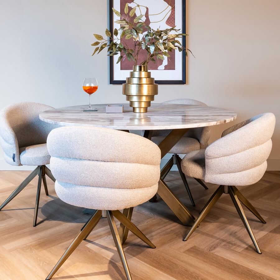 Richmond Interiors Richmond Ronde Eettafel Bottega Marmer en brass 140cm Wit