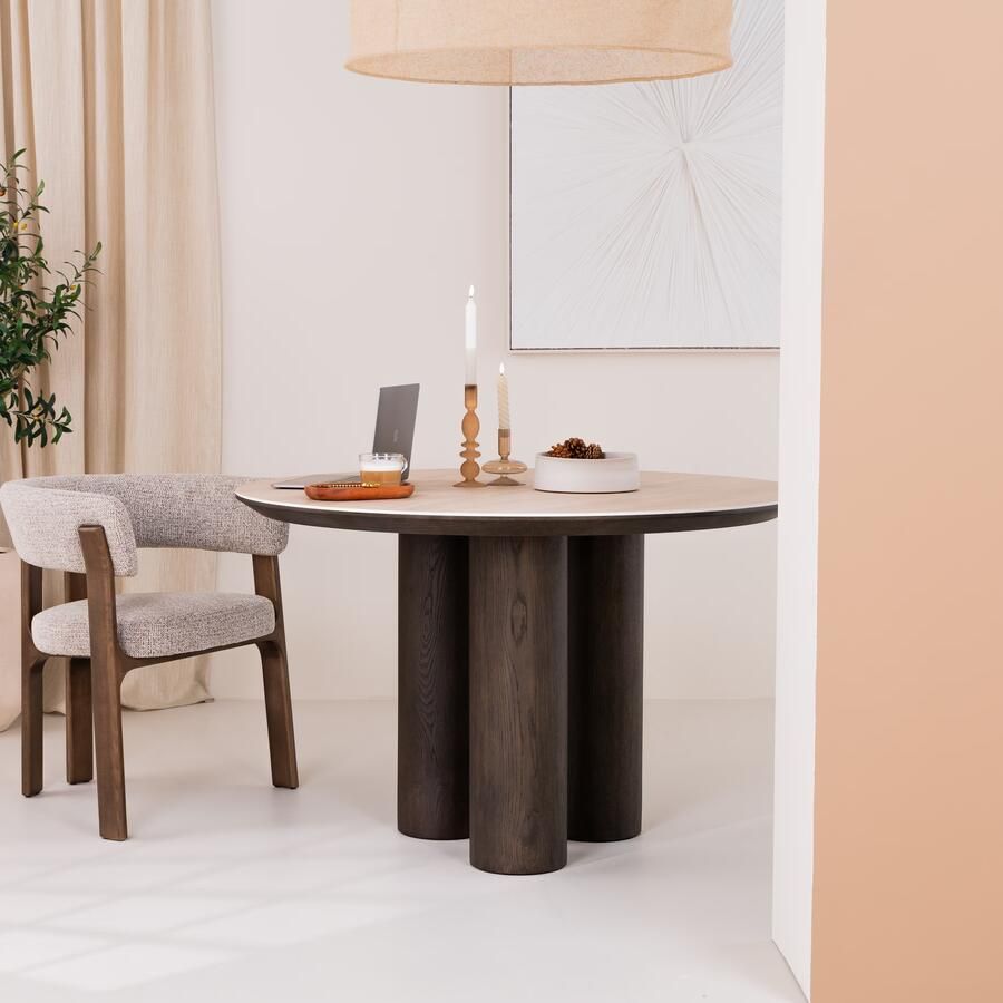 Richmond Interiors Richmond Ronde Eettafel Ritz Eiken en travertin 120cm Bruin