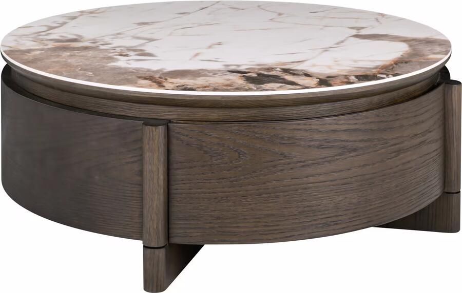 Richmond Interiors Richmond Ronde Salontafel Langford Marmerlook en eiken Ø90cm Met 1 lade Bruin
