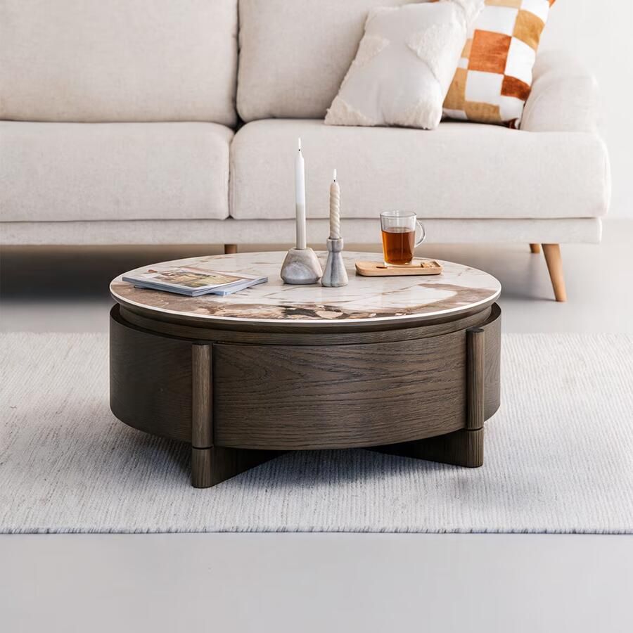 Richmond Interiors Richmond Ronde Salontafel Langford Marmerlook en eiken Ø90cm Met 1 lade Bruin