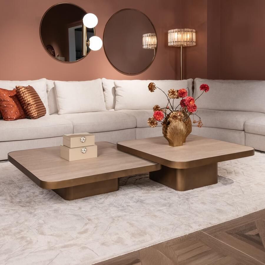 Richmond Interiors Richmond Salontafel Claridge Keramiek in travertin-look set van 2 stuks Beige Vierkant