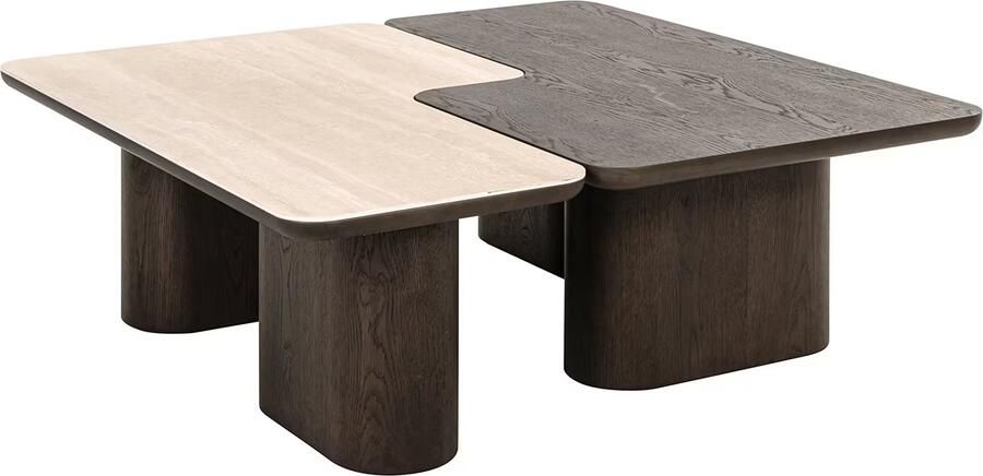 Richmond Interiors Richmond Salontafel Nando Travertinlook en eiken Set van 2 stuks Bruin Vierkant