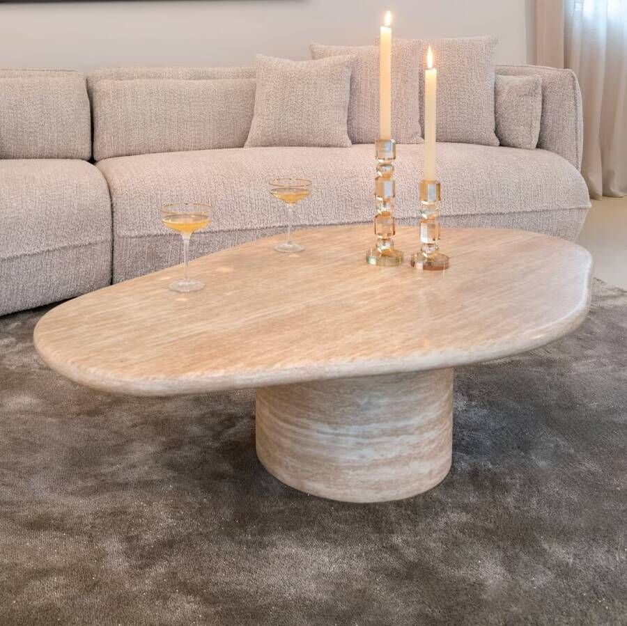 Richmond Interiors Richmond Organische Salontafel Fictus Travertin look 130 x 80cm Beige Japandi