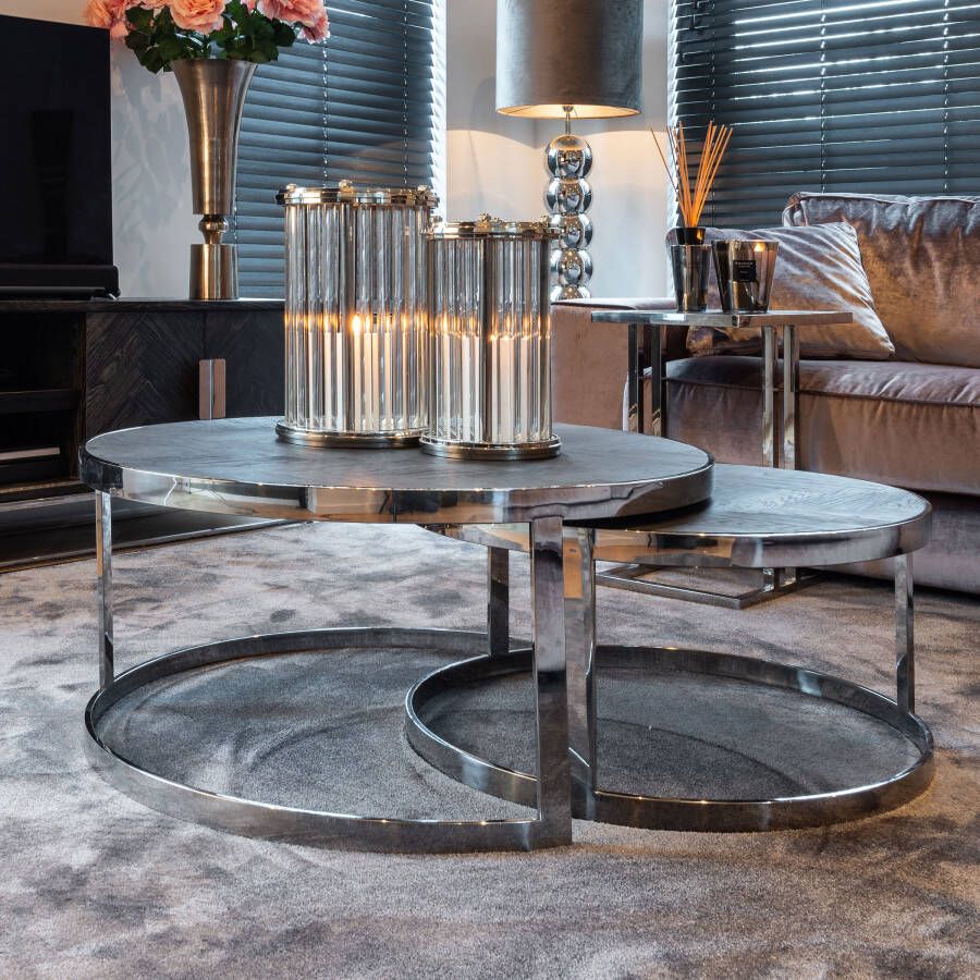 Richmond Interiors Richmond Salontafel Blackbone Eikenhout en Staal Zwart en Zilver set van 2 stuks Rond