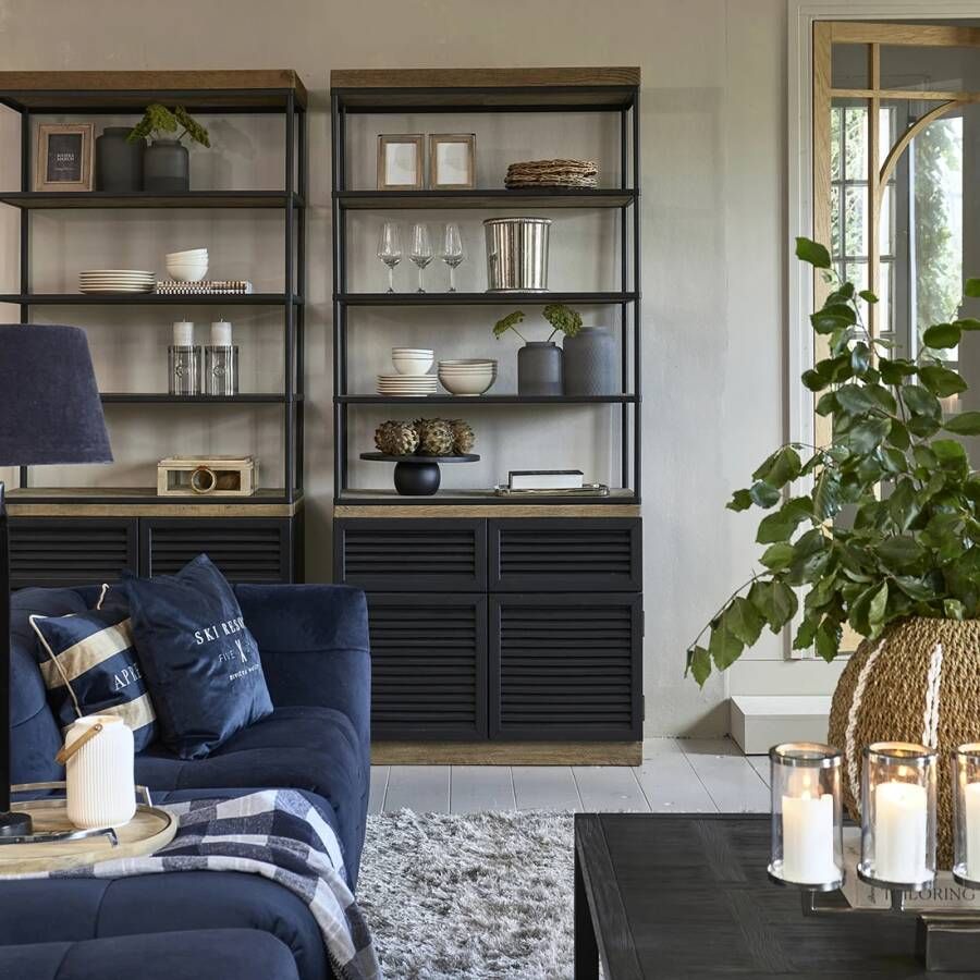 Rivièra Maison Boekenkast Stanford Eiken- en populierenhout 226 x 100cm Zwart