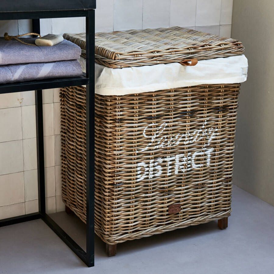 Rivièra Maison Handgemaakte Wasmand in N01 Natural van Rattan en Katoen met afmetingen 55 x 45 x 70 cm