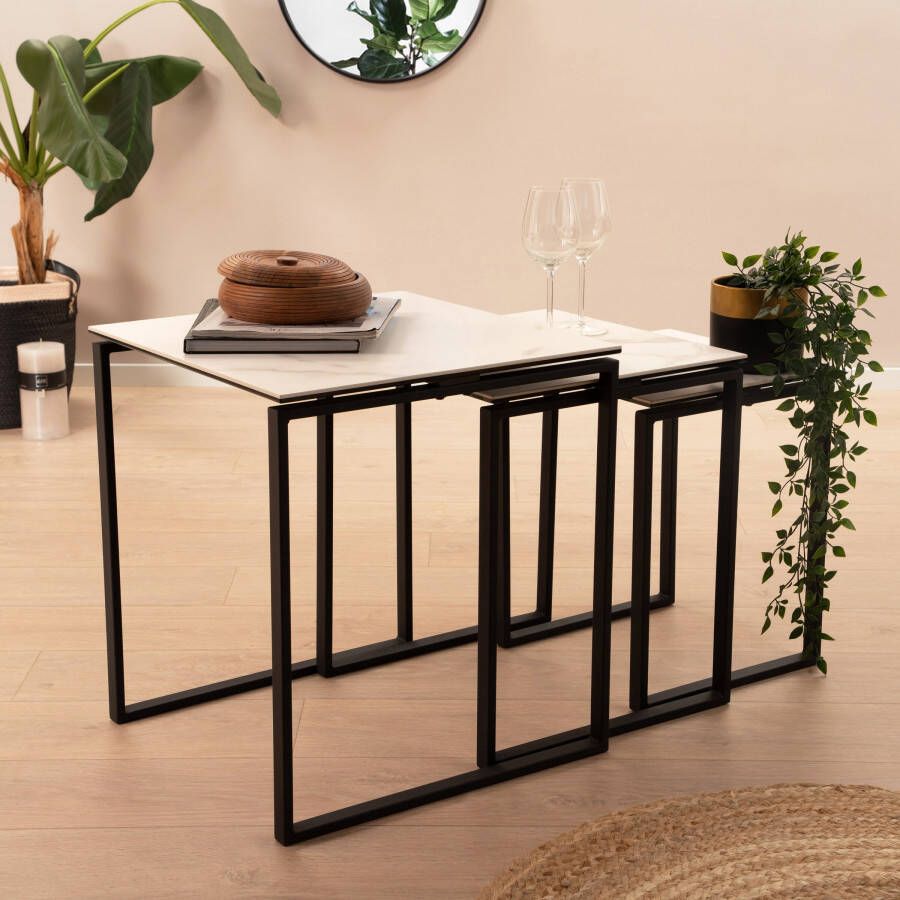 Sohome Bijzettafel Parker Keramiek Set van 3 stuks Wit Vierkant