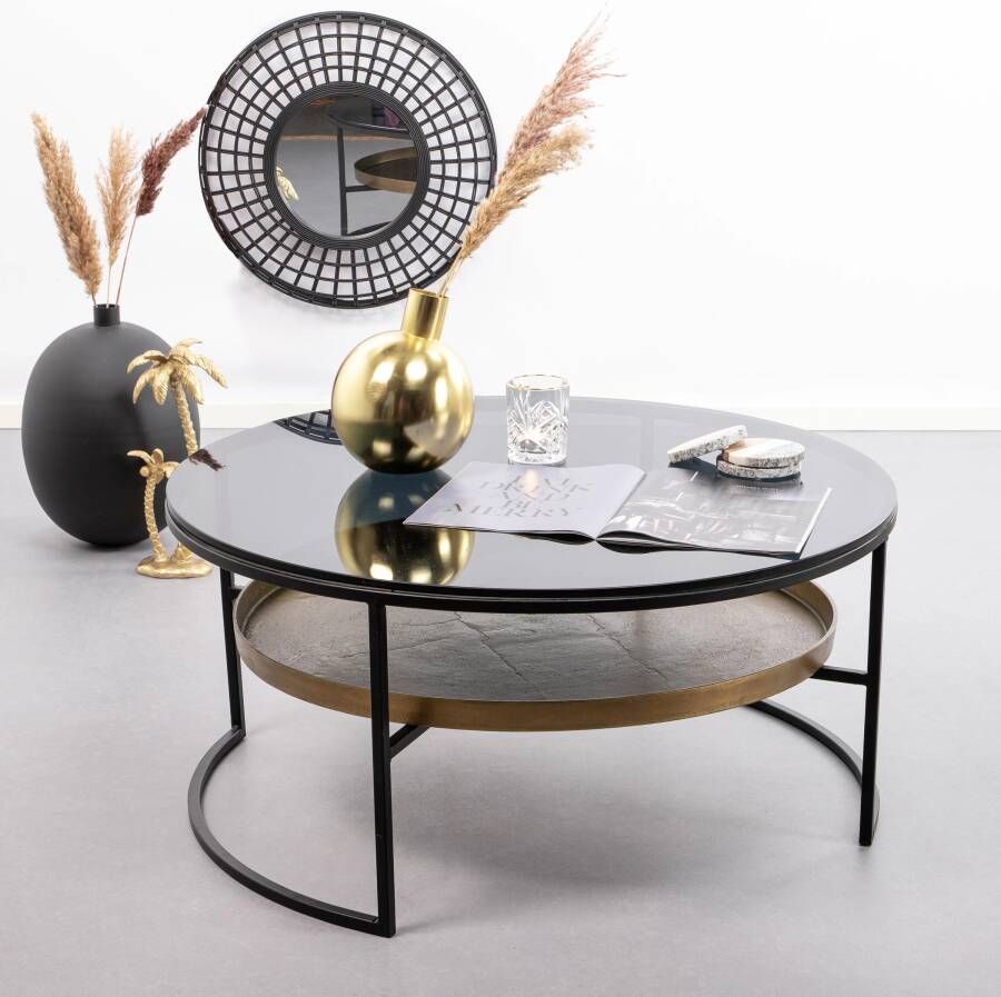 Sohome Ronde Salontafel Alejandro 88cm zwart glas met antiek brons