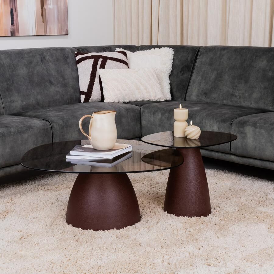 Sohome Organische Salontafel Jacky Glas en gecoat staal Set van 2 stuks Burgundy