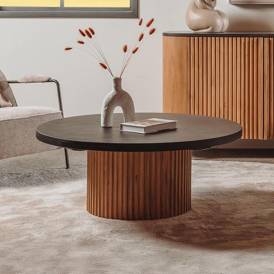 Tower Living Ronde Salontafel Palazzo Teakhout en mineraal stucwerk 100cm Zwart