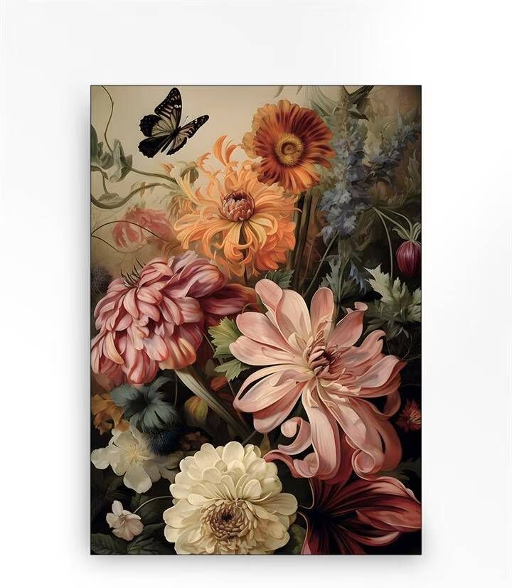Urban Cotton Wandkleed Vintage Flowers in zwart frame Small 80 x 110cm