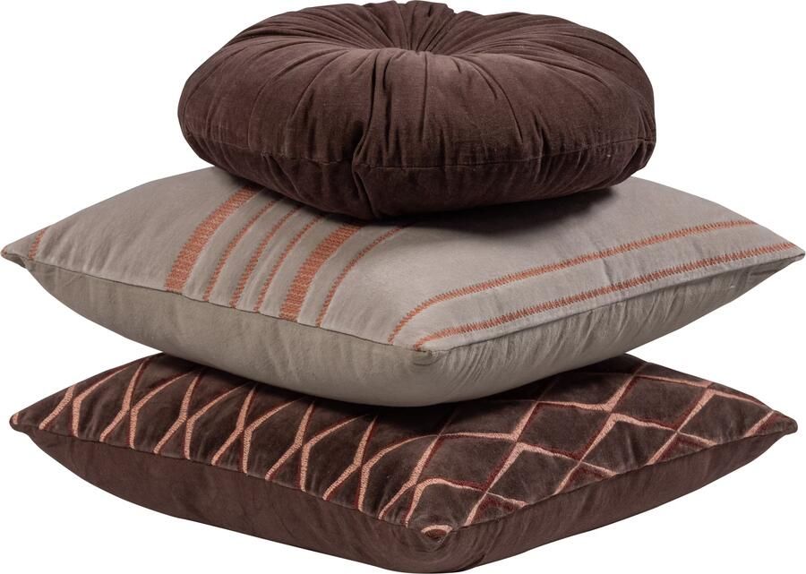 WOOOD | Aziz kussens velvet bruin naturel set van 3 | Woonaccessoires | Sierkussen