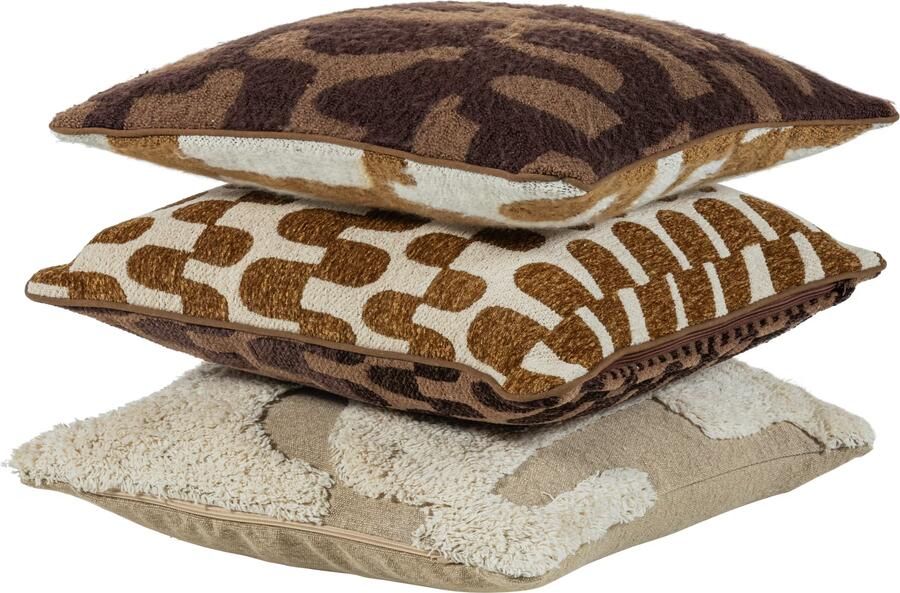 WOOOD | Fayden kussens chenille bruin naturel set van 3 | Woonaccessoires | Sierkussen