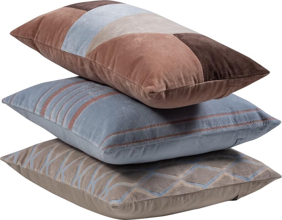 WOOOD | Laon kussens velvet naturel blauw set van 3 | Woonaccessoires | Sierkussen