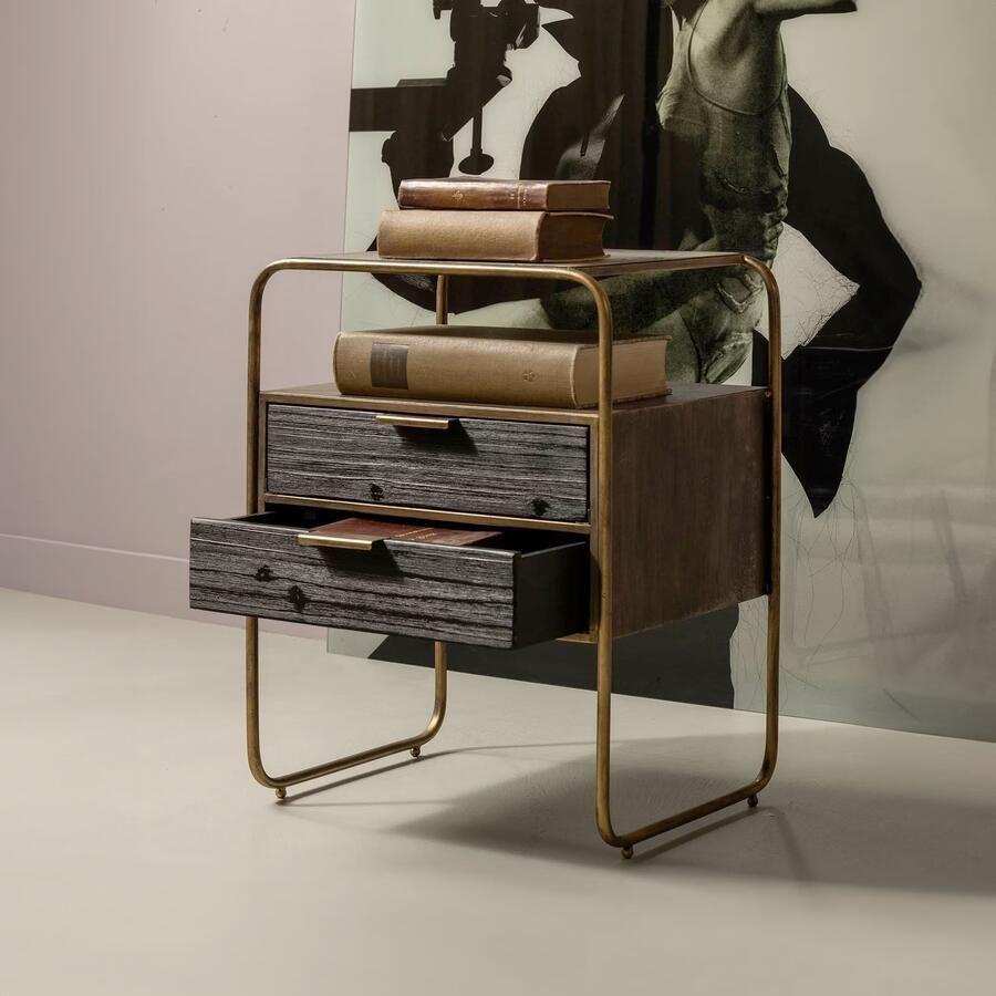 BePureHome | Polite Nachtkastje Metaal hout Antique Brass | Slaapkamerkasten | Nachtkastje