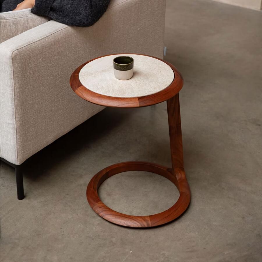 Zuiver Bijzettafel Doppio Travertin en acaciahout 45 x 41cm Bruin Rond