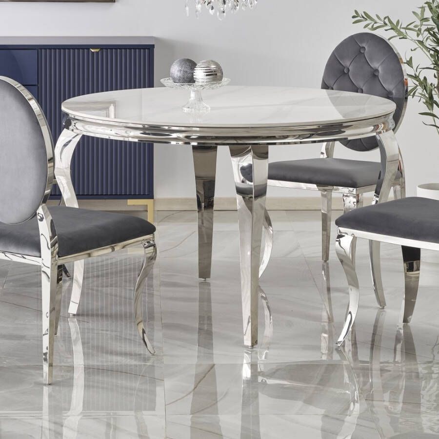 Home Style Ronde eettafel Reginald 120 cm wit marmer met chrome