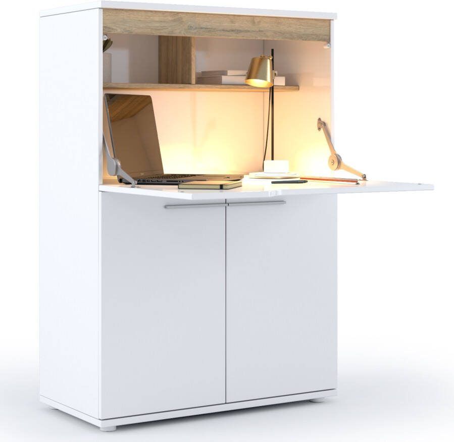 Ameubelment Secretaire bureau Dayana 90 Cm breed hoogglans wit met eiken