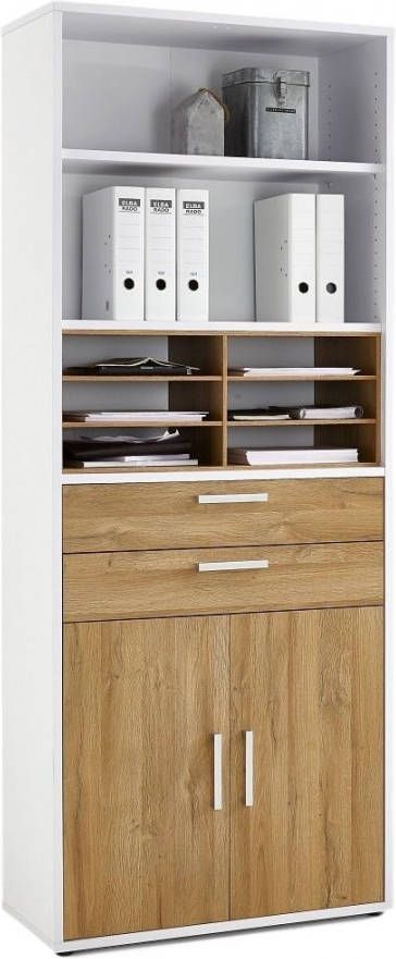 FD Furniture Boekenkast Calvia 222 cm hoog wit met oud eiken