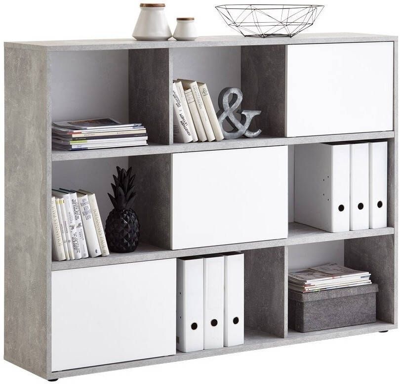 FD Furniture Boekenkast Ruta 145 cm breed grijs beton met hoogglans wit