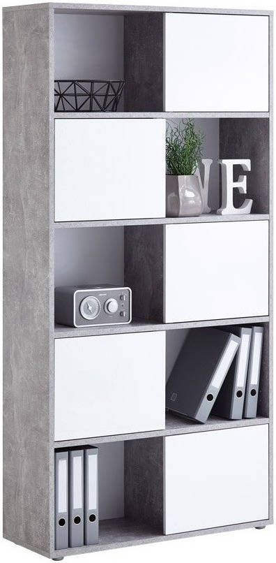 FD Furniture Boekenkast Ruta 2 van 182 cm hoog in grijs beton met hoogglans wit