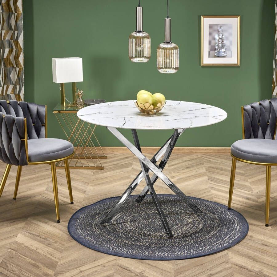 Home Style Glazen eettafel Raymond 100 cm breed marmer wit met chrome