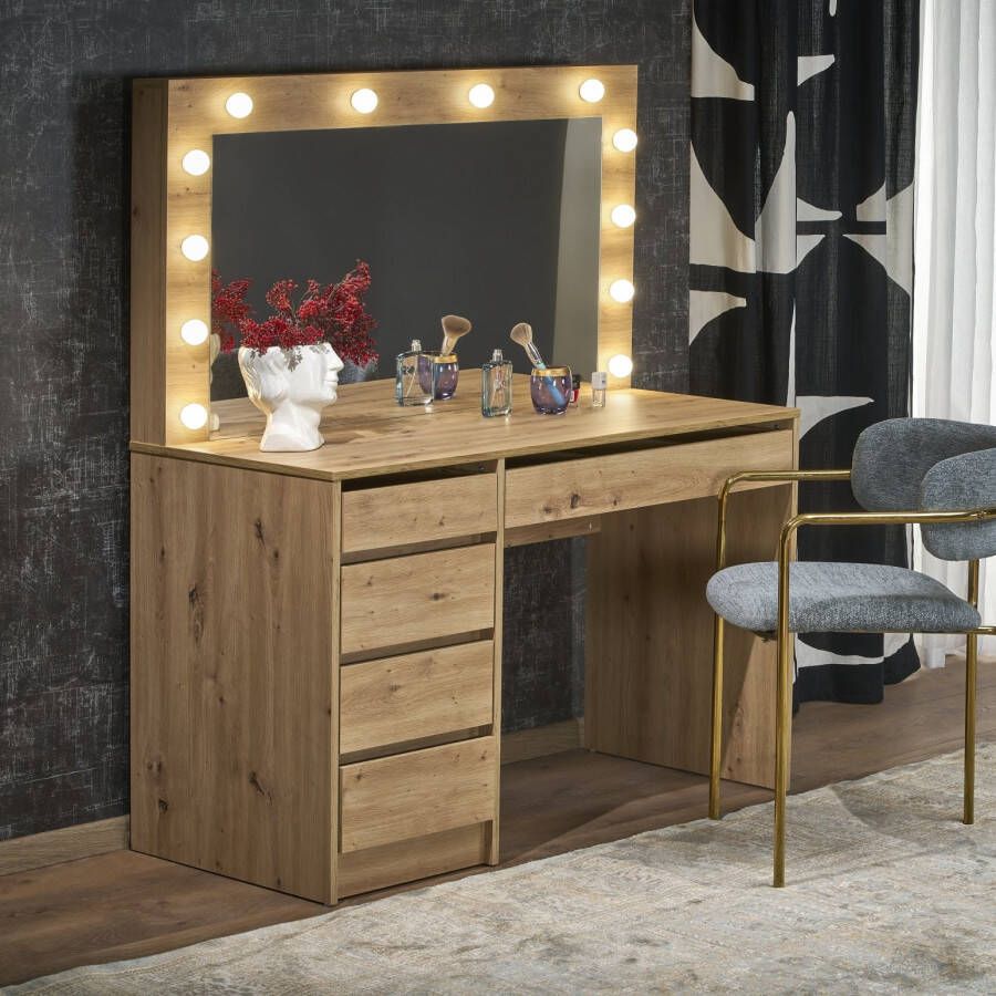 Home Style Kaptafel Make-uptafel Charme bruin 120 cm breed met spiegel en led