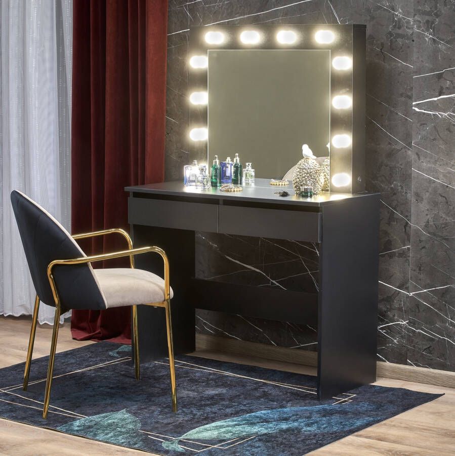 Home Style Kaptafel Make-uptafel Charme zwart 94 cm breed met spiegel en led