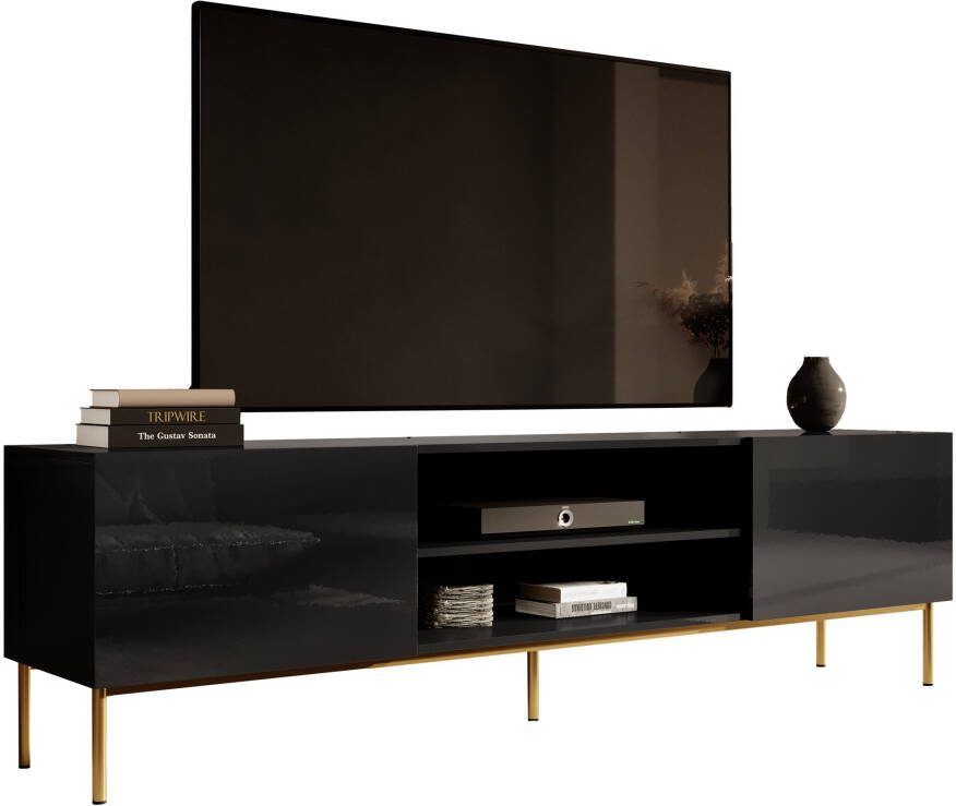Home Style Tv-meubel Slide 200 cm breed hoogglans zwart met goude poten