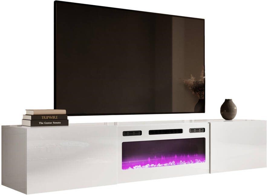 Home Style Zwevend Tv-meubel Slide 200 cm breed hoogglans wit met wit sfeerhaard