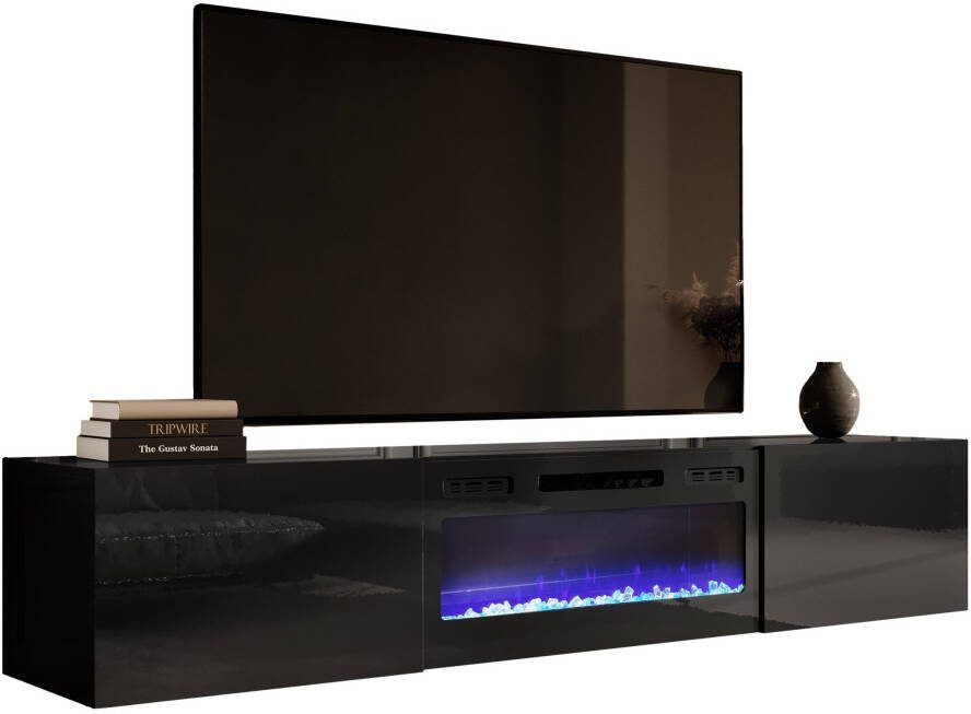 Home Style Zwevend Tv-meubel Slide 200 cm breed hoogglans zwart met sfeerhaard