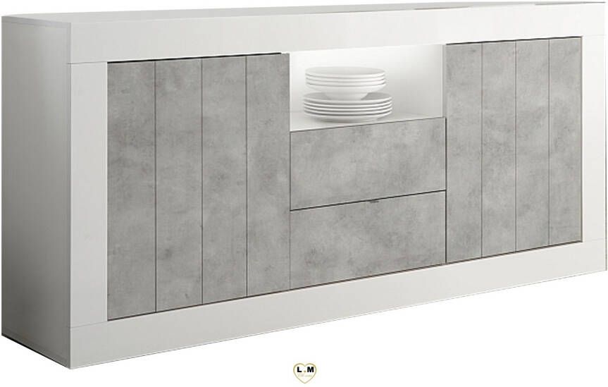 Pesaro Mobilia Dressoir Urbino 184 cm breed in hoogglans wit met grijs beton