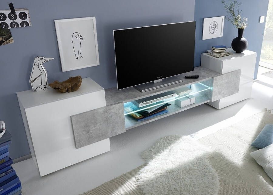 Pesaro Mobilia Tv-meubel Incastro 61 cm hoog in hoogglans wit met grijs beton