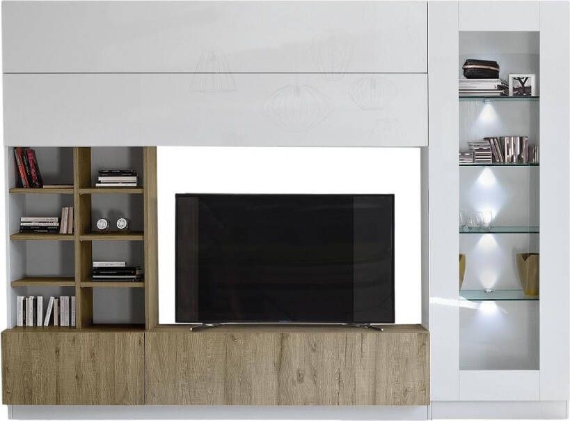 Pesaro Mobilia Tv-wandmeubel Line 280 cm breed in hoogglans wit met eiken