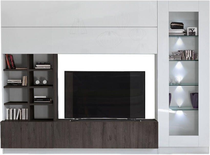 Pesaro Mobilia Tv-wandmeubel Line 280 cm breed in hoogglans wit met wenge eiken