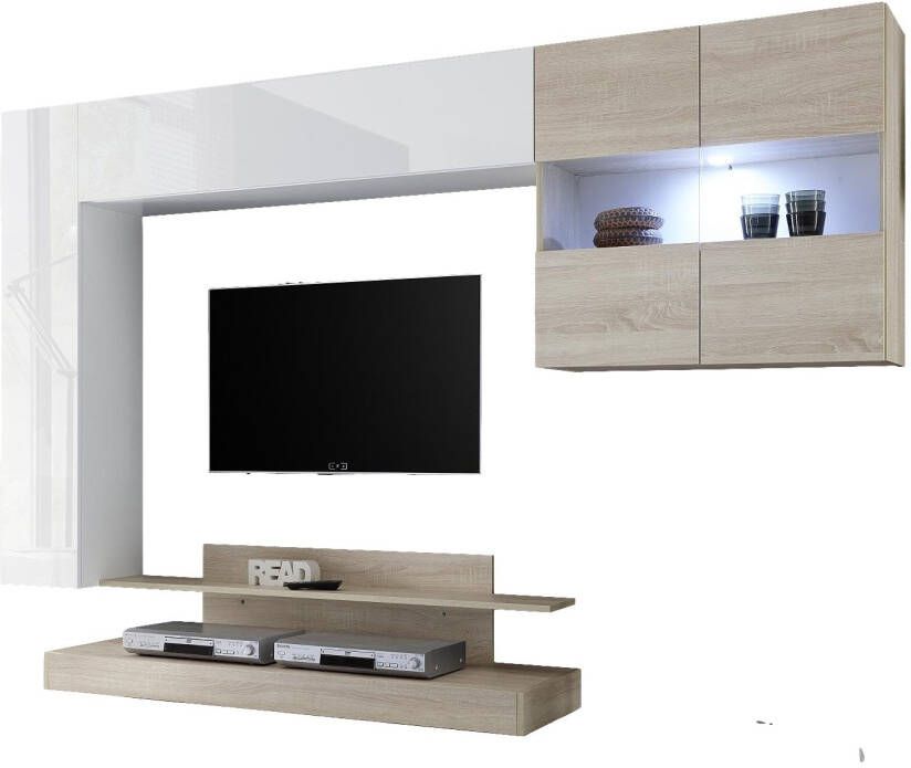 Pesaro Mobilia Tv-wandmeubel Ramon 248 cm breed in hoogglans wit met eiken