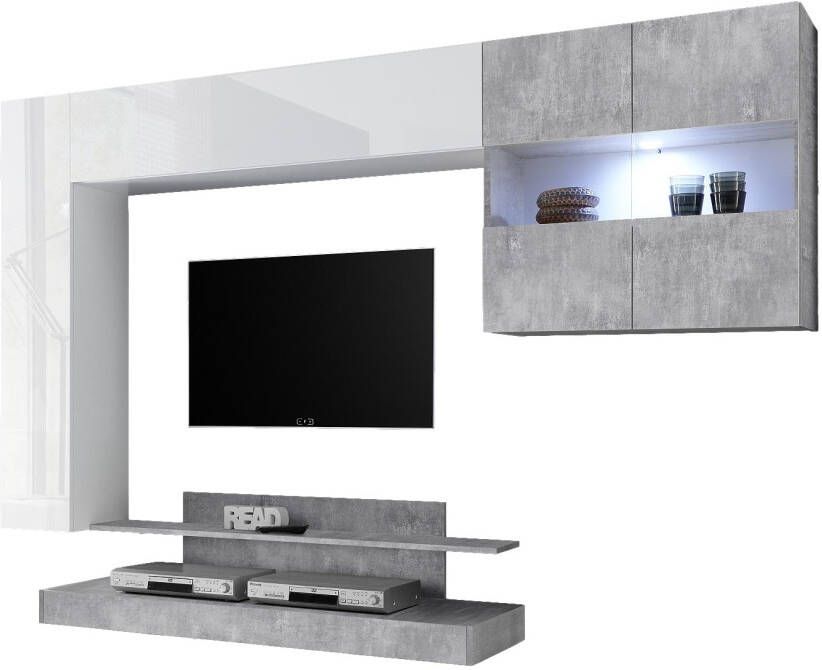 Pesaro Mobilia Tv-wandmeubel Ramon 248 cm breed in hoogglans wit met grijs beton