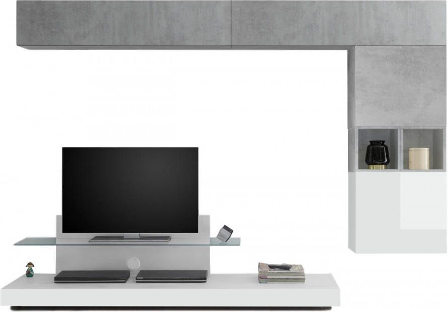 Pesaro Mobilia TV-wandmeubel set Chanel in hoogglans wit met grijs beton