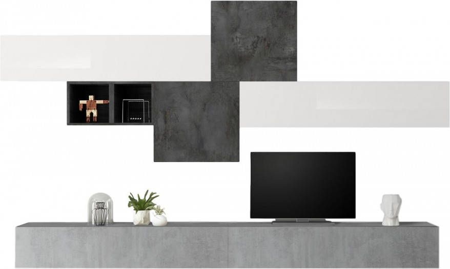 Pesaro Mobilia TV-wandmeubel Gilly in hoogglans wit met grijs beton en oxid