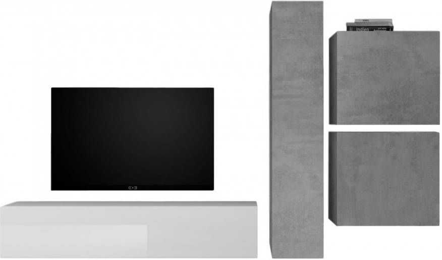 Pesaro Mobilia TV-wandmeubel Hodor in hoogglans wit met grijs beton