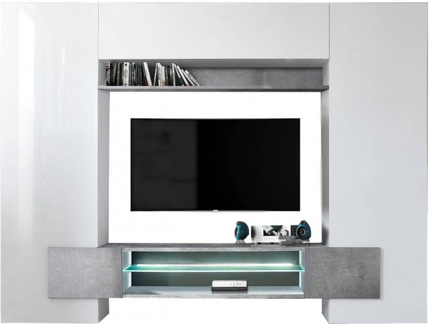 Pesaro Mobilia TV-wandmeubel set Incastro 191 cm hoog Hoogglans wit met grijs beton
