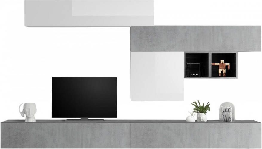 Pesaro Mobilia TV-wandmeubel Kera in hoogglans wit met grijs beton
