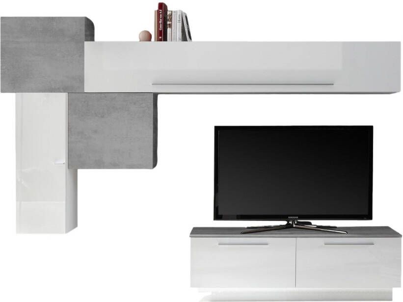 Pesaro Mobilia TV-wandmeubel set Maya in hoogglans wit met grijs beton