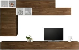 Pesaro Mobilia TV-wandmeubel set Sako in hoogglans wit met walnoot